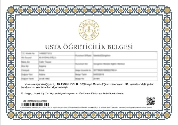 Usta Öğreticilik Belgesi